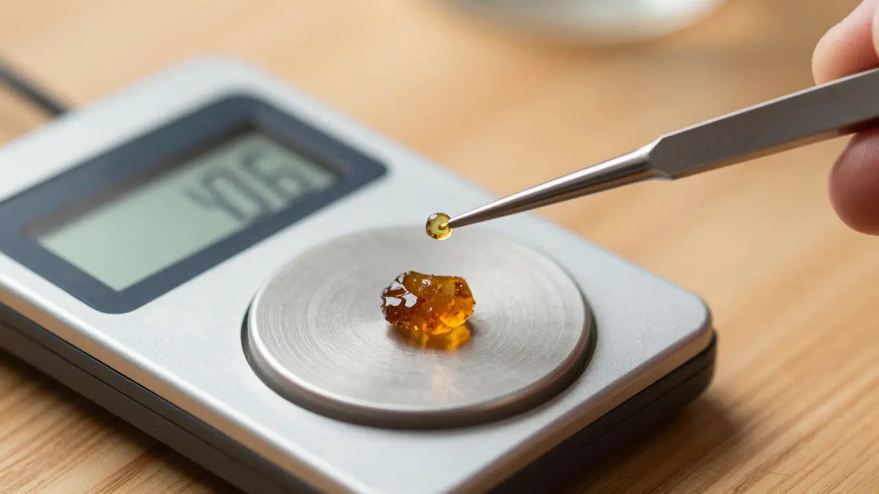 Mikrováha a kousek CBD shatteru ukázující přesné dávkování