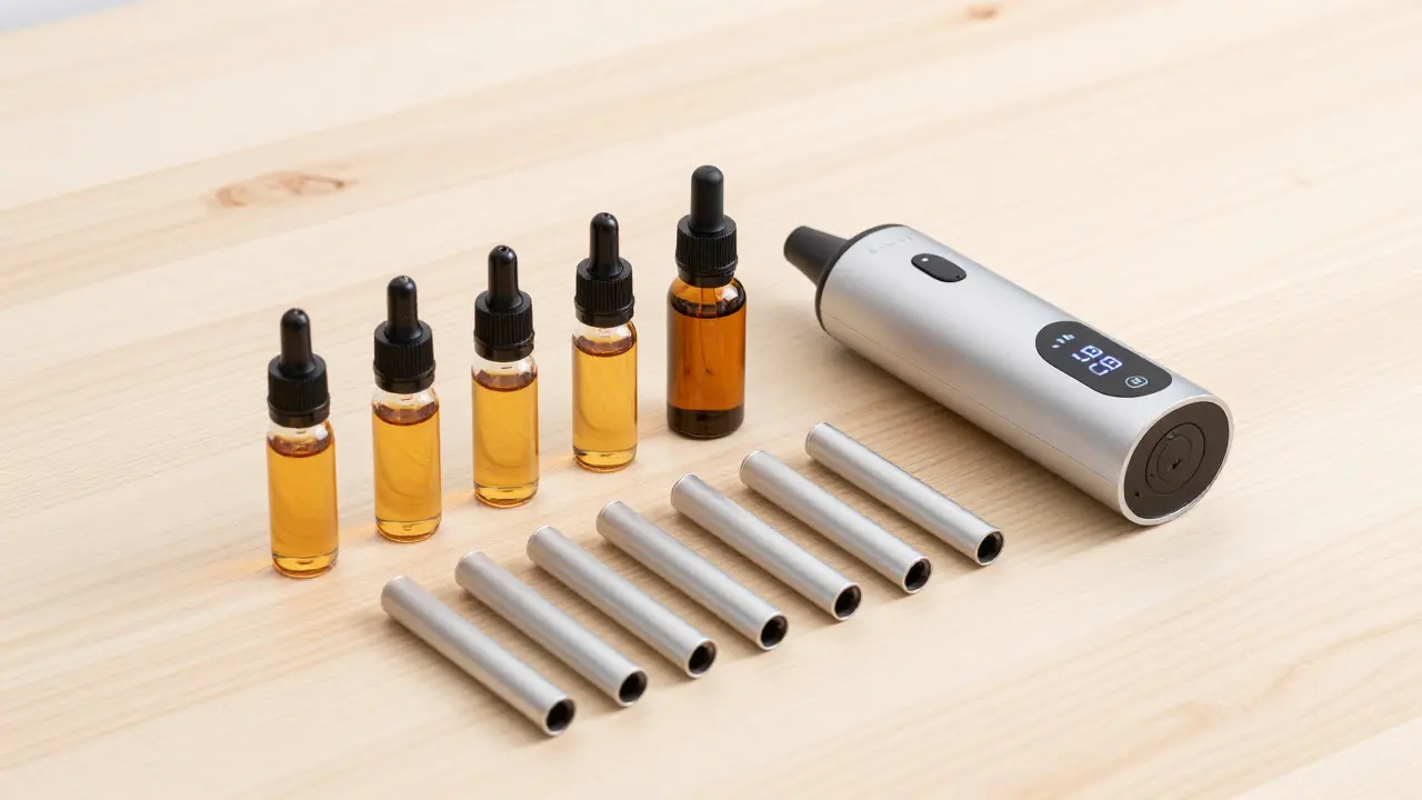 Nádrže s CBD olejem a kartridžemi vedle kompaktního vaporizéru na dřevěném stole