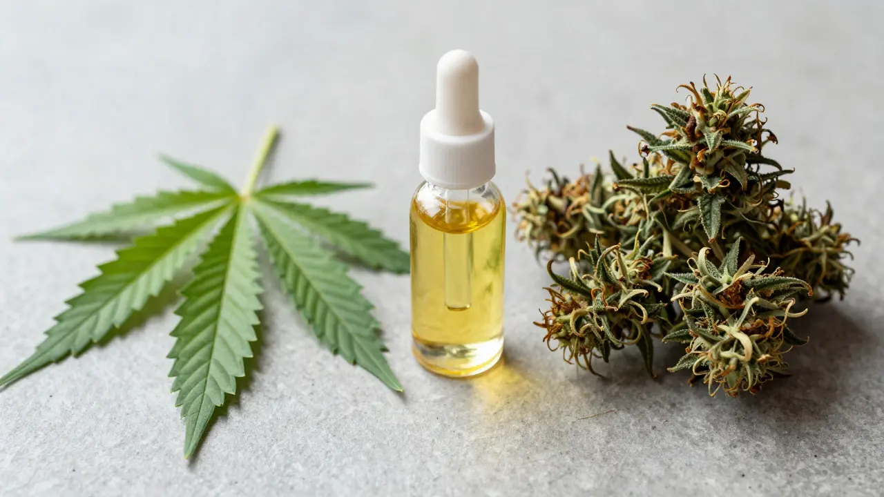 Porovnání čerstvých listů CBD a sušených květů THC na kamenném povrchu