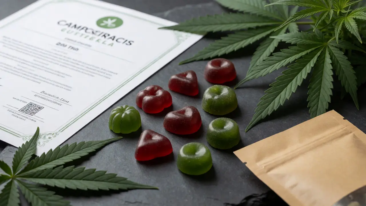 Asortiment kvalitních konopných gummies s listy konopí a certifikátem