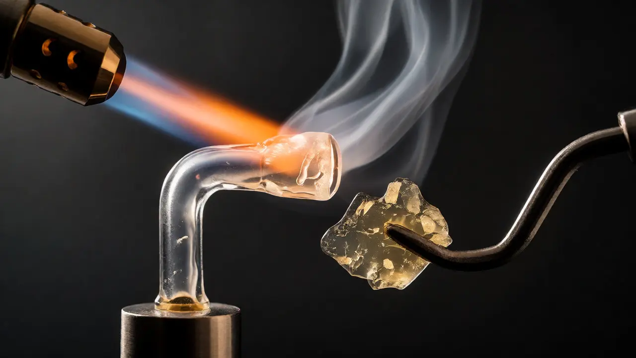 Dabování tvrdého CBD shatteru na nahřátém quartzovém bangeru s párou