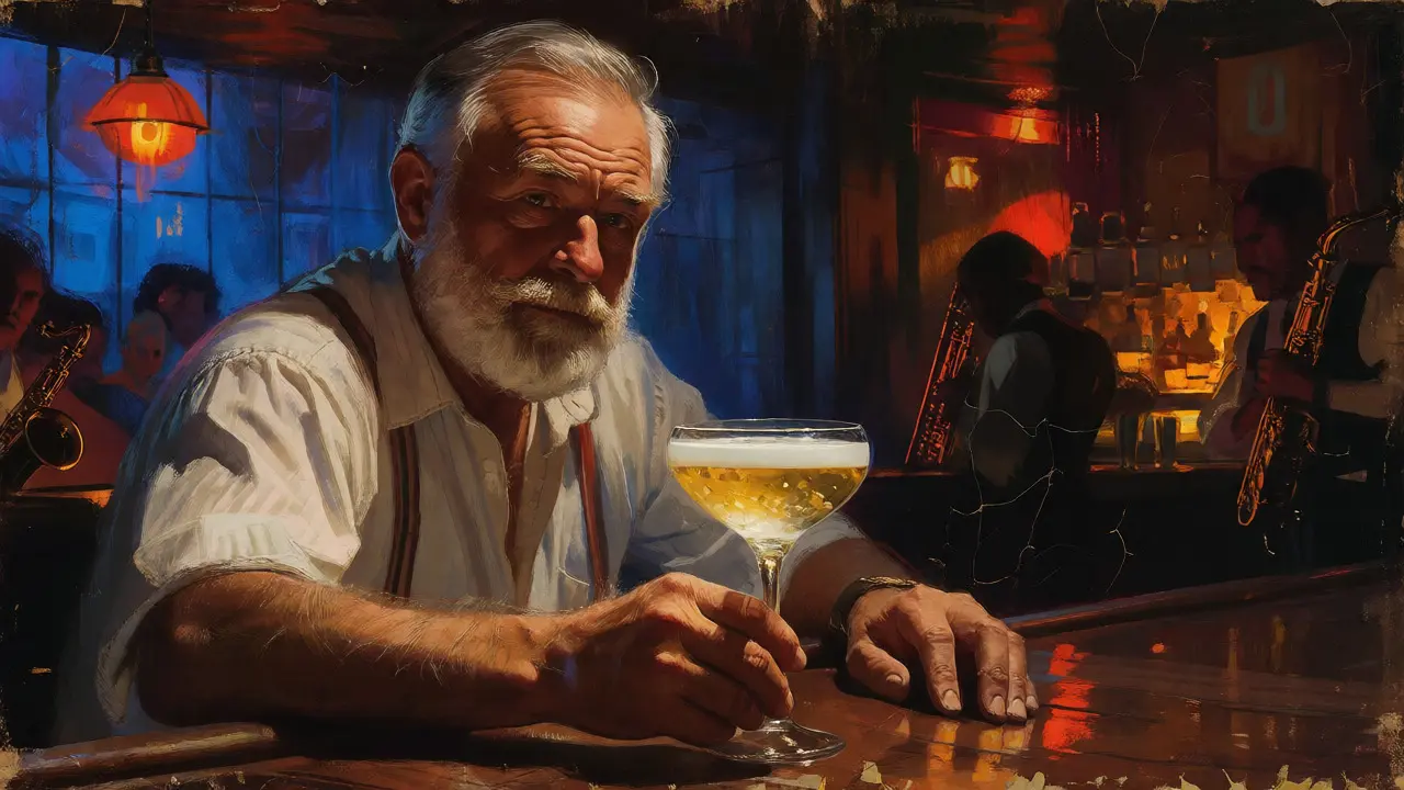 Ernest Hemingway drží koktejl Smrt odpoledne v neworleanském baru