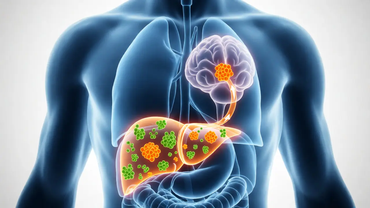 Ilustrace metabolismu THC v játrech a přenosu do mozku
