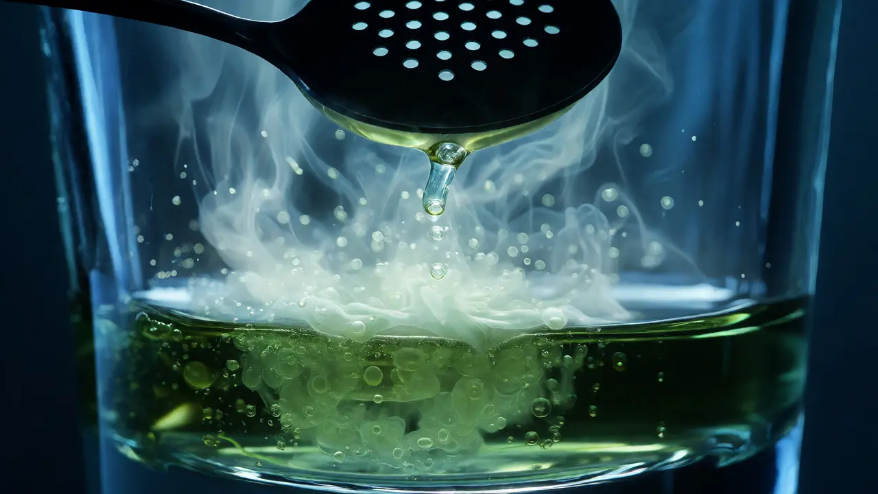 Louche efekt: mléčná emulze v zeleném absintu uvnitř sklenice