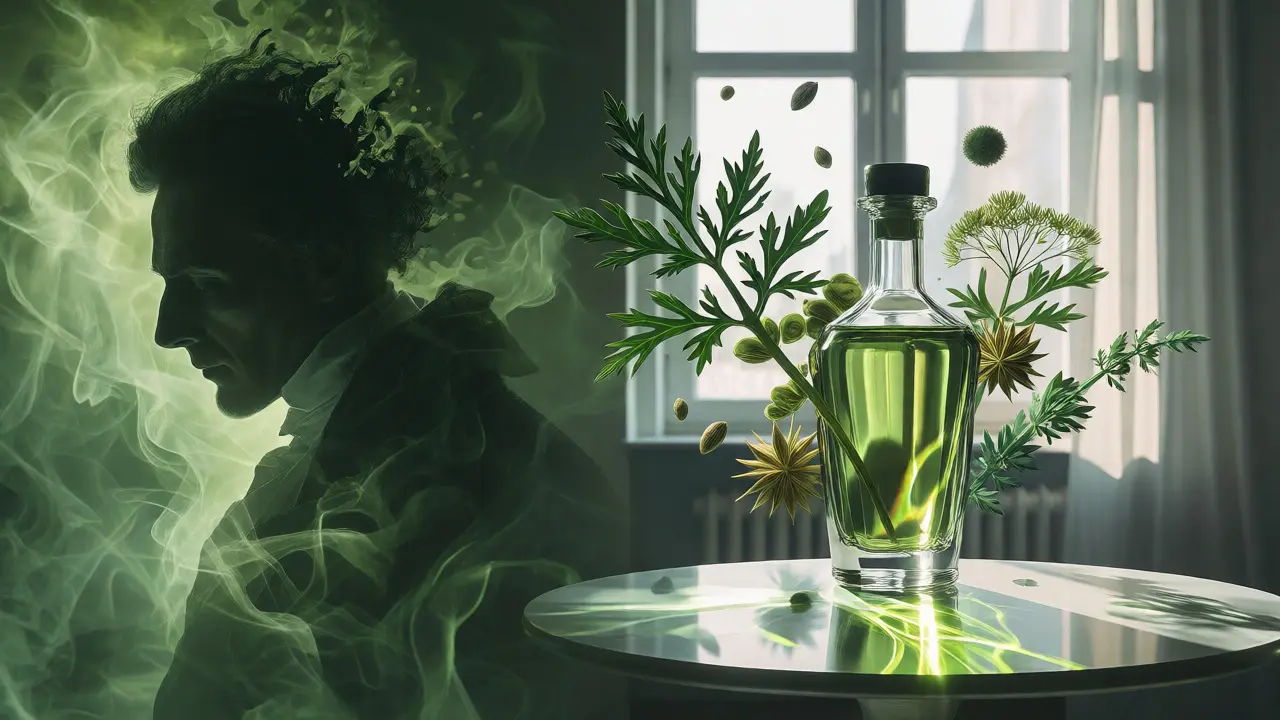 Moderní láhev absintu s botanickými prvky a historickou siluetou