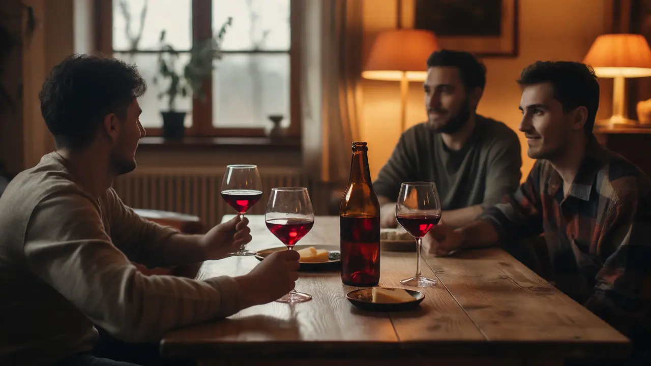 Přátelé si vychutnávají konopné víno při večerní degustaci