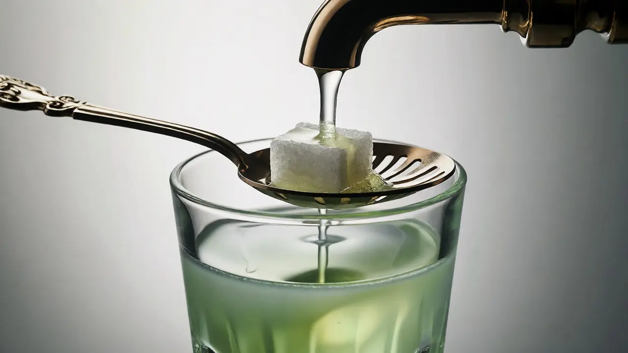 Příprava absintu s kapající vodou přes cukrovou kostku ve sklenici