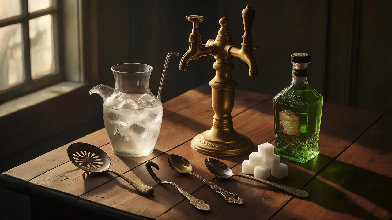 Sada pro přípravu absintu s fontánou, lžičkami a cukrem