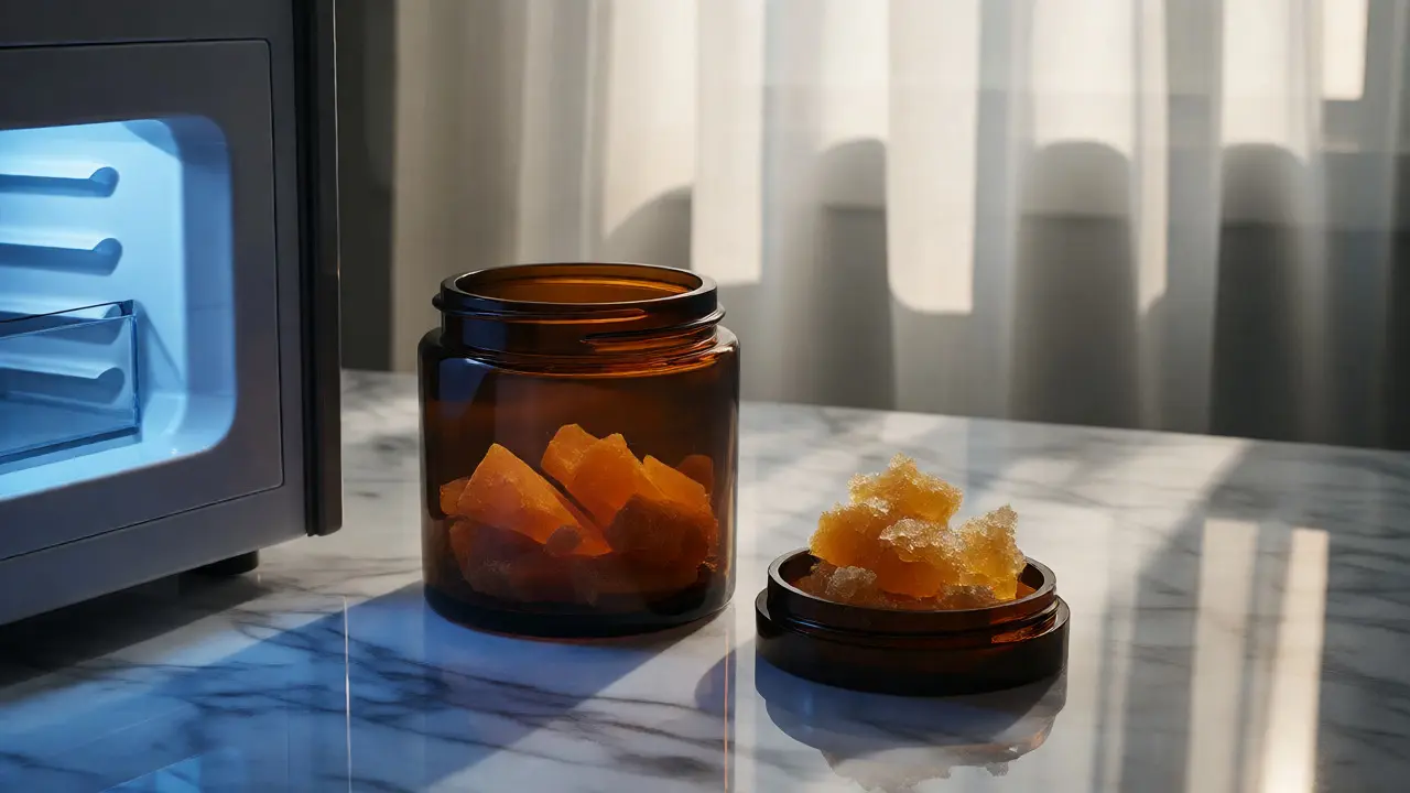 Skladování CBD shatteru v tmavé nádobě vedle chladničky pro zachování kvality