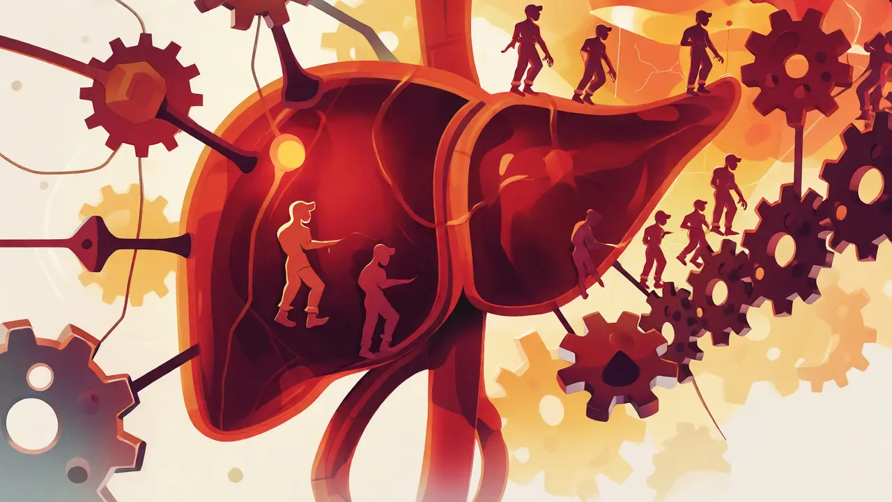 Stylized illustration of a liver showing enzyme overload and metabolic stress from CBD interaction.