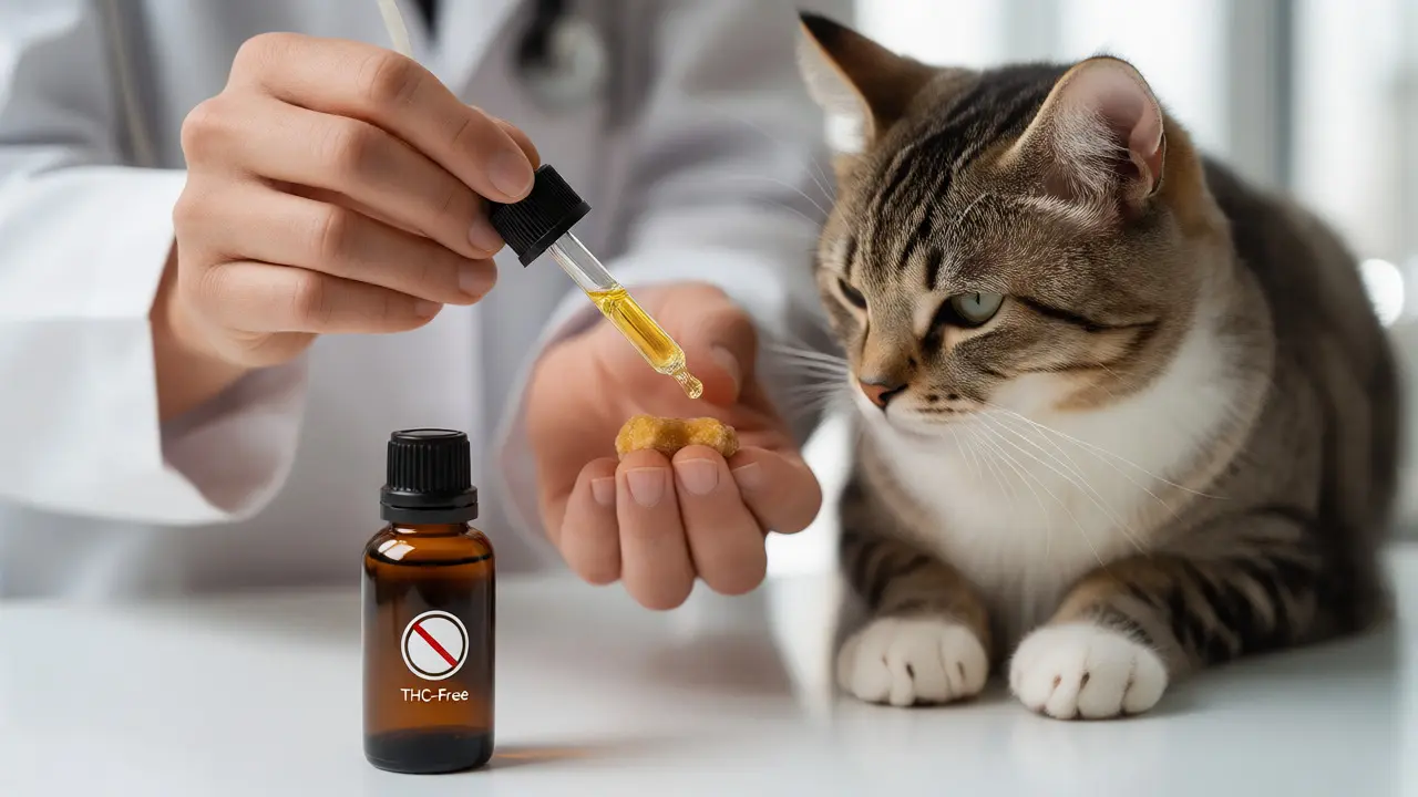 Veterinář podává CBD kapky kočce pomocí pipety v ordinaci