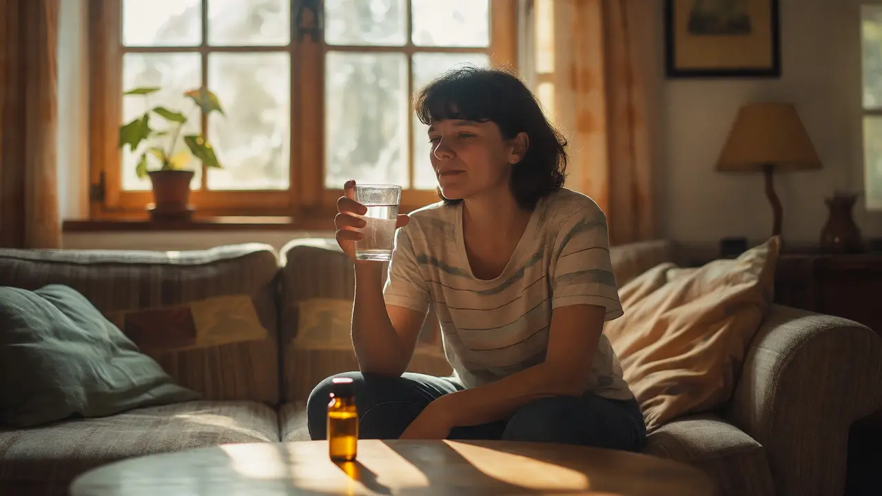 Woman drinking water at home, experiencing mild fatigue or dry mouth after taking CBD oil.