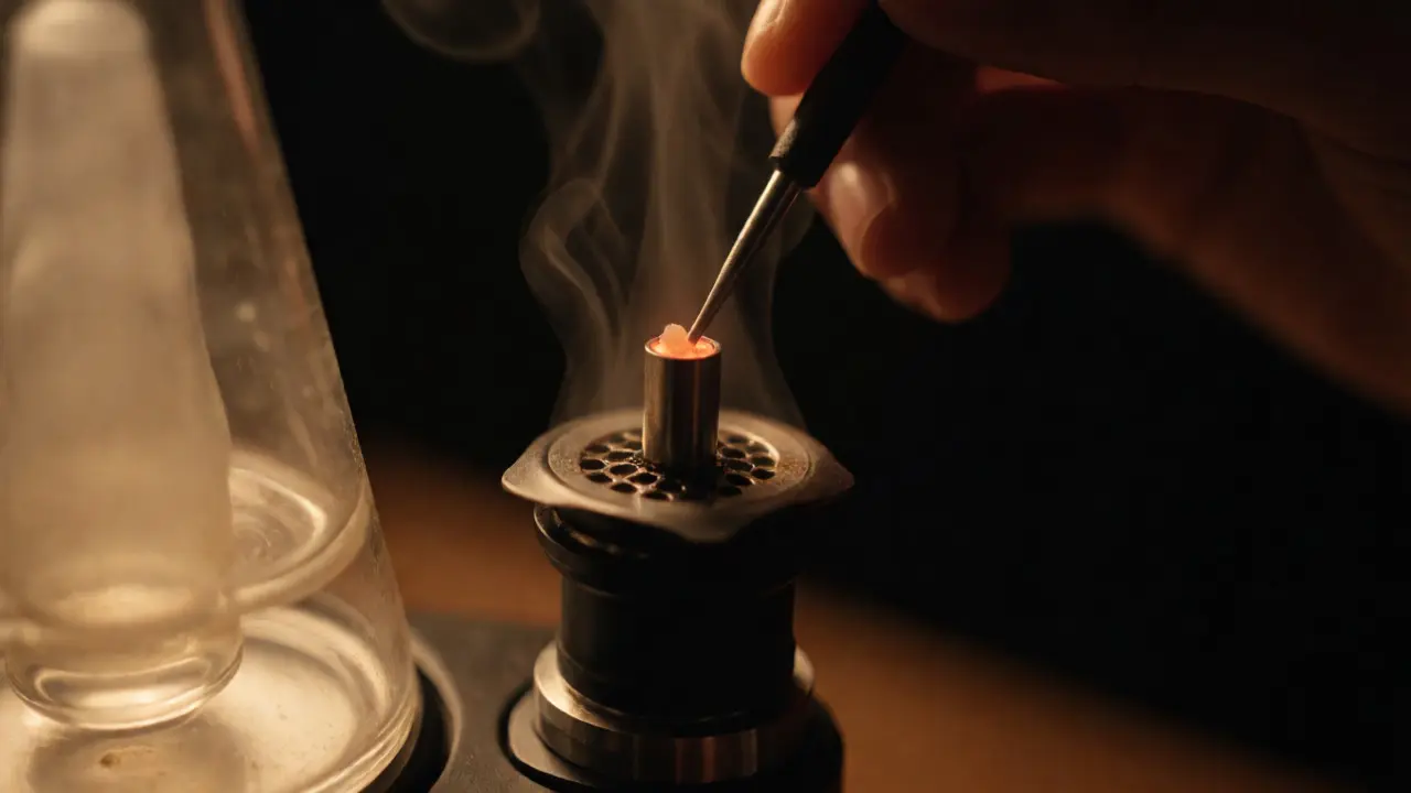 Zahřátý hrot dab rig s párou stoupající z koncentátu při správné teplotě.