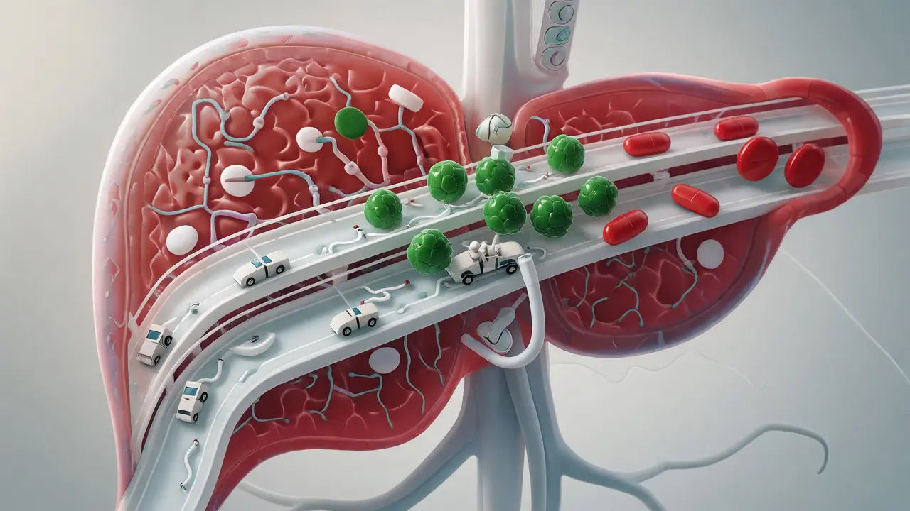 Konceptuální ilustrace interakce CBD enzymů v játrech připomínající dopravní zácpu.