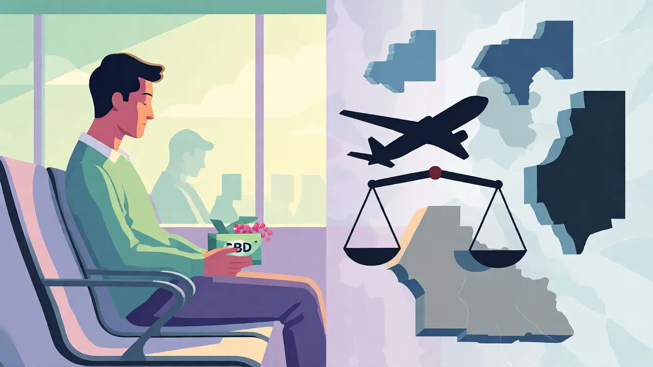 Konceptuální ilustrace klidného cestování s konopnými produkty