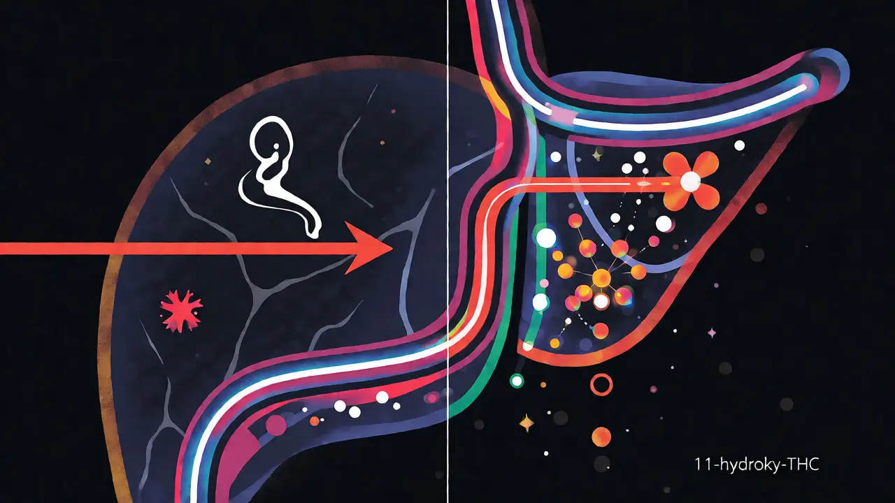 Konceptuální ilustrace rozdílu mezi vstřebáváním kouření a trávením edibles