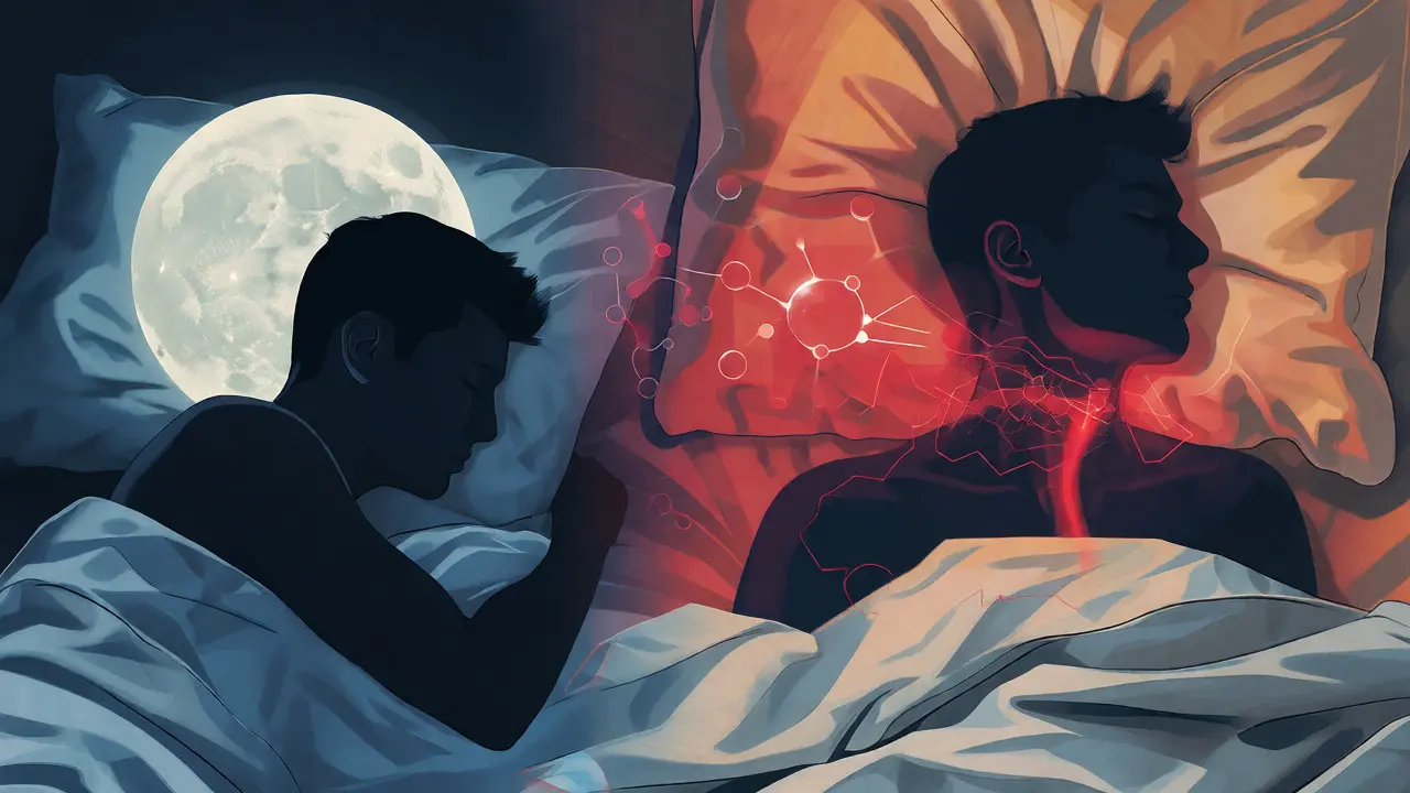 Konceptuální ilustrace rozporuplných účinků CBD na spánek a fyzické nepohodlí.