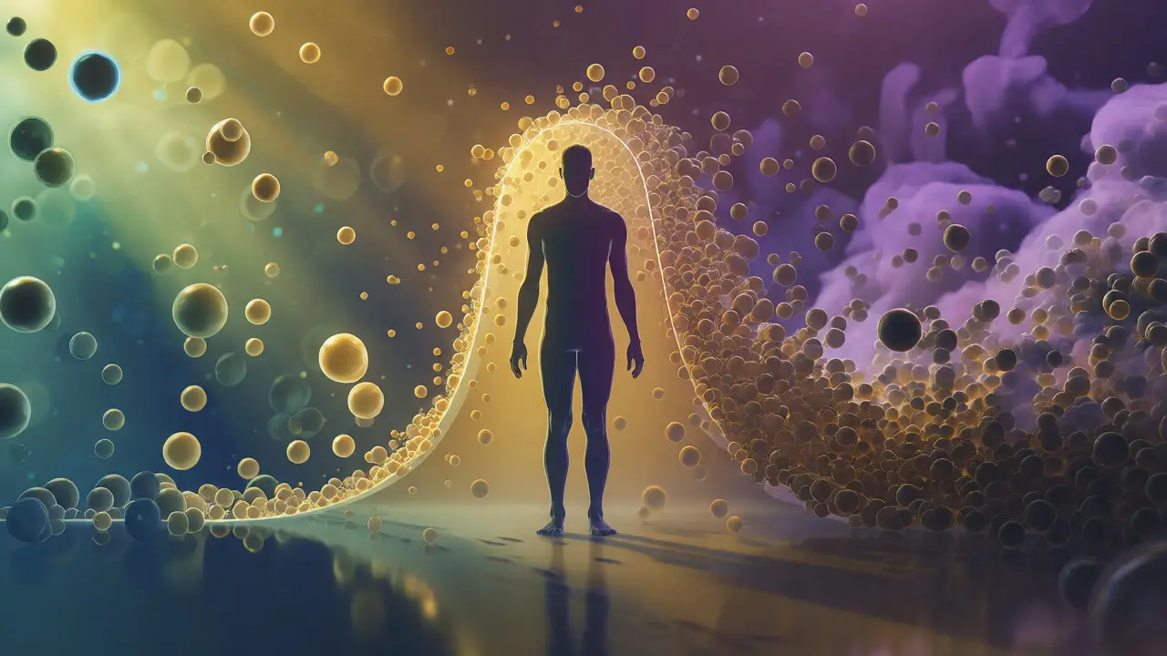 Konceptuální ilustrace zvonové křivky účinku CBD s lidskou siluetou