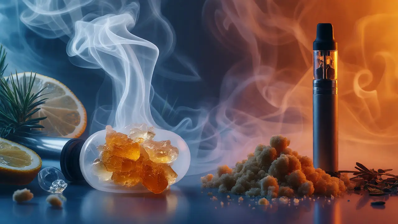 Konceptuální porovnání: vapér se shatterem obklopený ovocem pro chuť versus praktické zařízení s crumble pro snadné použití.