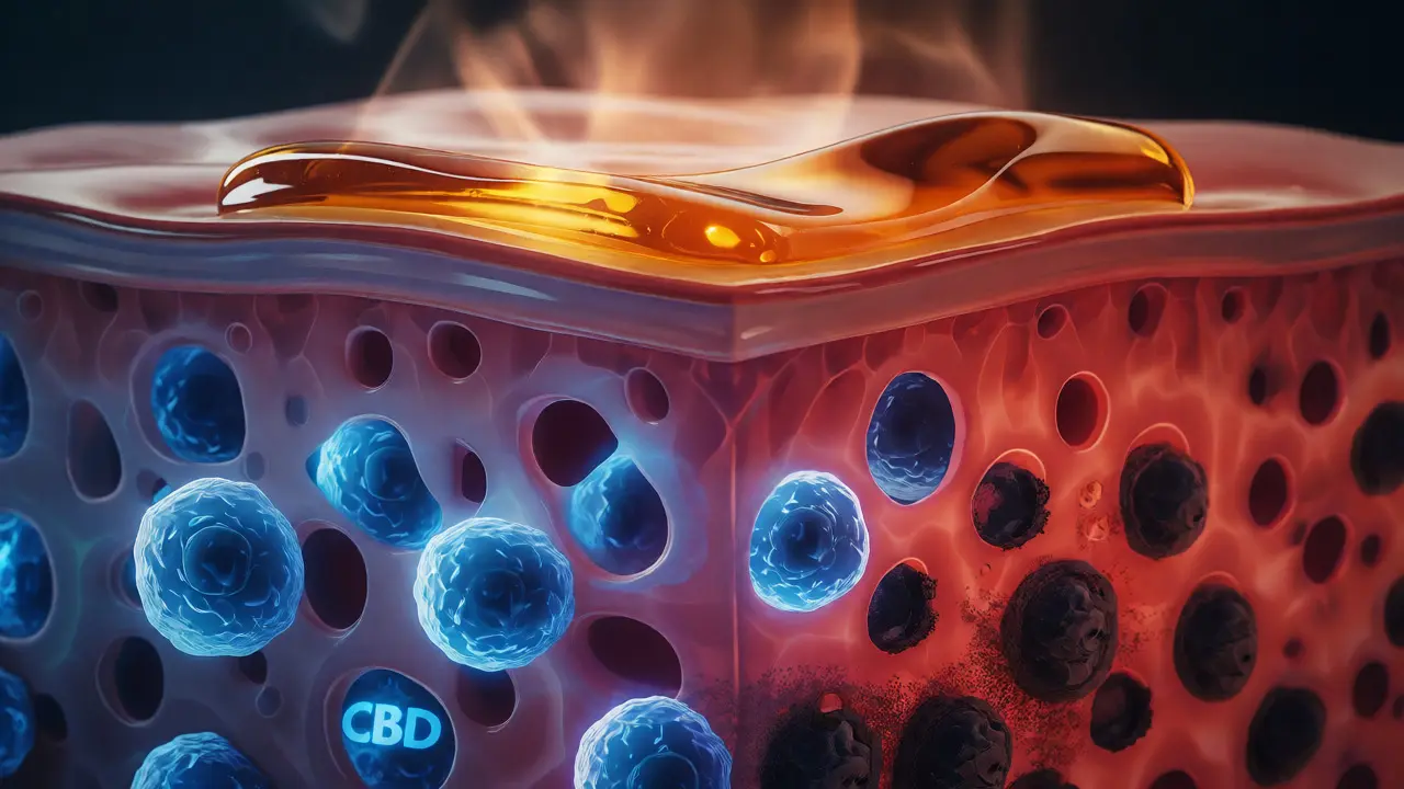 Konceptuální řez kůží znázorňující špatnou absorpci CBD a ucpané póry.