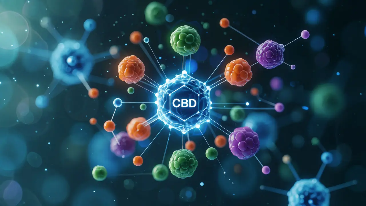 Konceptuální vizualizace entourage effectu s propojenými molekulami CBD a terpenů v modré a zelené barvě.