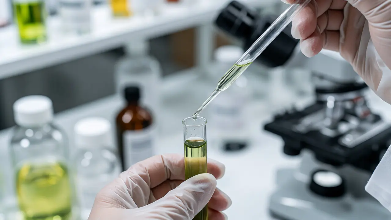 Laboratorní scéna s pipetou a zkumavkou symbolizující testování kvality konopných produktů