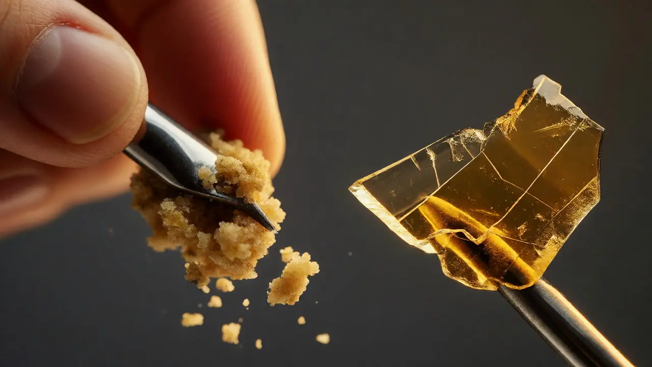Makro záběr nástroje nabírajícího sypký crumble a zlomeného kusu tvrdého shatteru, který ukazuje jejich odlišnou texturu.