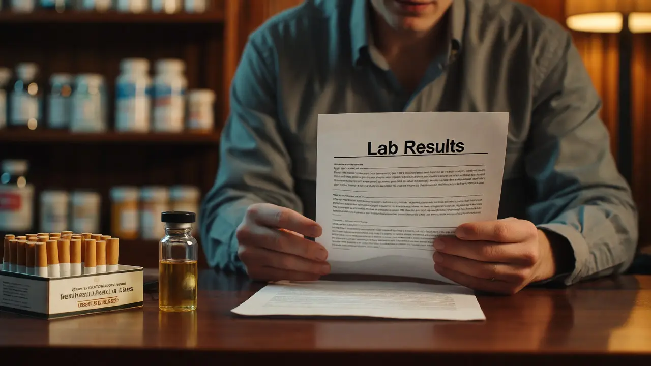 Osoba kontrolující výsledky laboratorního testu vedle krabičky certifikovaných konopných produktů.