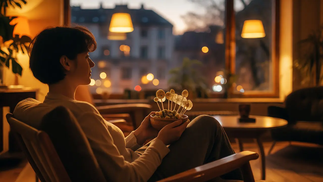 Osoba relaxující s konopnými bonbóny v útulné kavárně za soumraku.