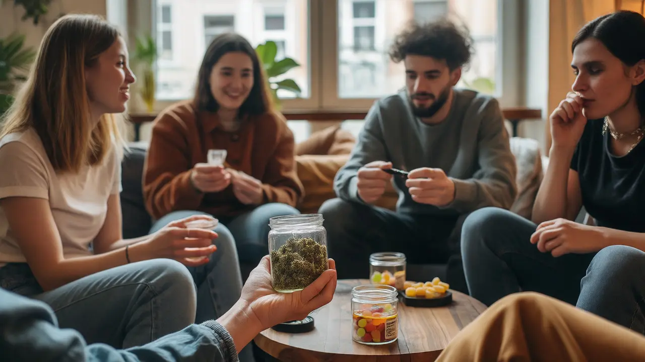 Skupina lidí užívající různé formy produktů s HHC v uvolněné atmosféře