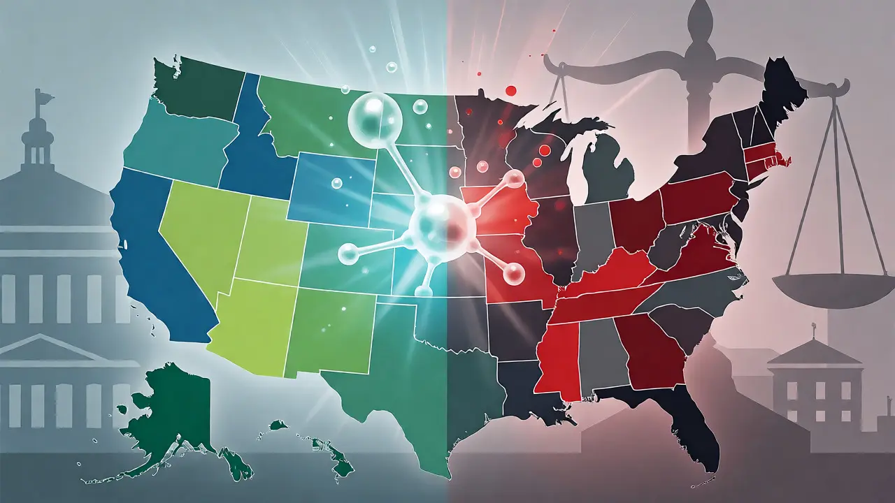 Stylizovaná mapa USA rozdělená na zelené a červené zóny s molekulou kanabinolu uprostřed