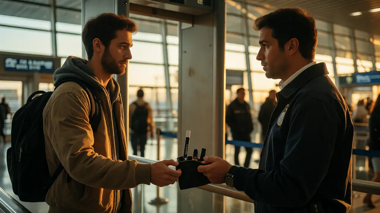 Traveller předává HHC vape a olej agentovi TSA při kontrole