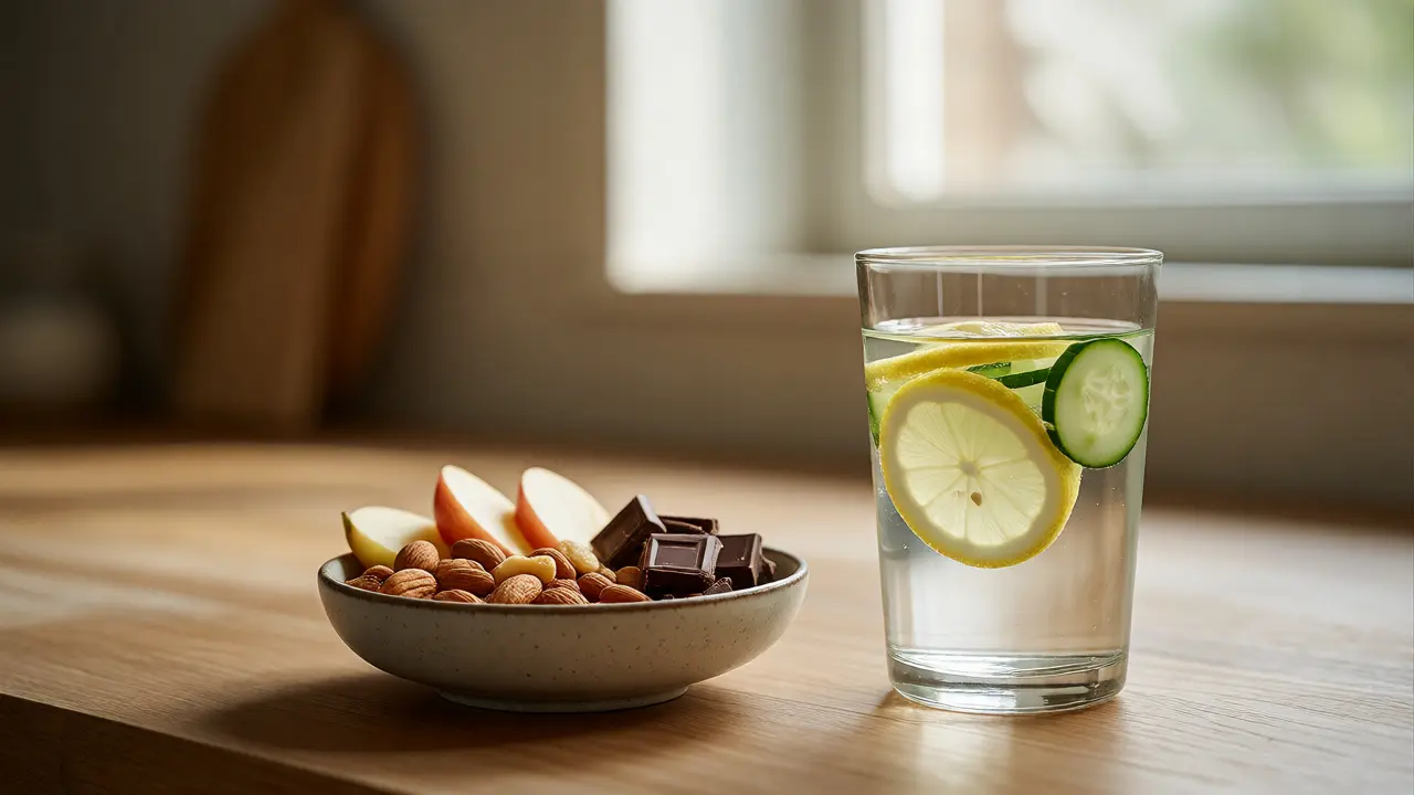 Zdravá svačina s oříšky, jablkem a čokoládou vedle sklenice citronové vody.